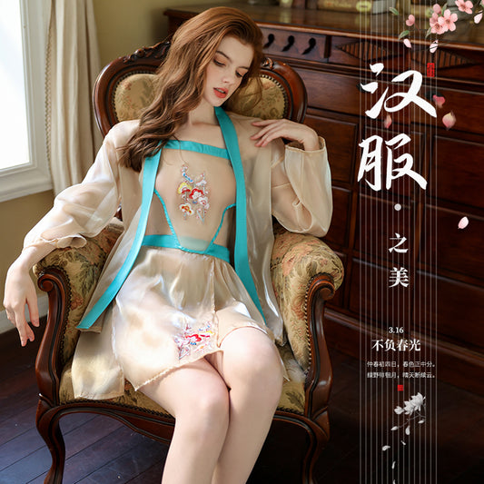 BT2542-情趣內衣性感透視中國風長裙刺繡漢服套裝連身裙制服