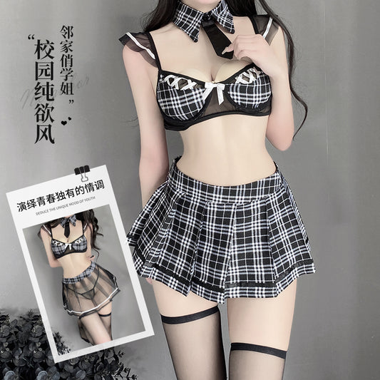 BT2567-情趣內衣性感鏤空純欲三點誘惑格子學生裝制服套裝