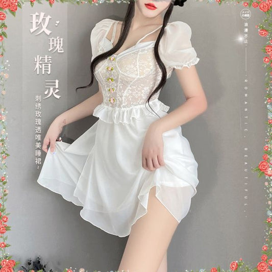 BS2606-情趣內衣性感玫瑰刺繡透視網紗睡衣激情誘惑純欲仙女睡裙