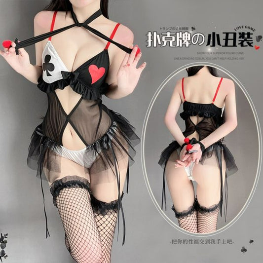 BT2615-情趣內衣女性感透視網紗撲克牌小丑三點式制服套裝誘惑