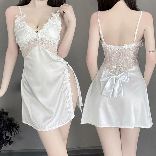 BS2533-薄款女式性感情趣內衣深V誘惑側邊開叉刺繡吊帶睡裙
