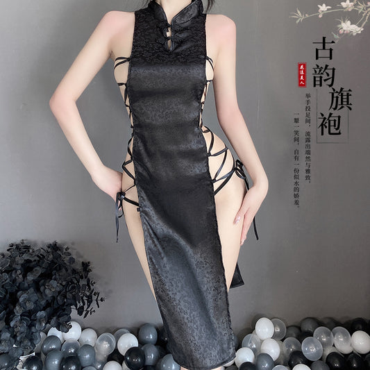 BT2384-情趣內衣復古盤扣性感誘惑綁帶高開叉提花緞旗袍睡裙女