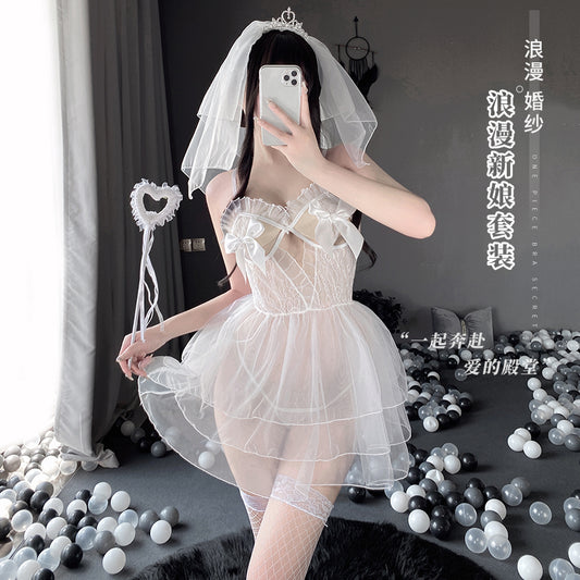 BT2541-情趣內衣性感小胸甜美網紗新娘開檔免脫連體衣制服騷
