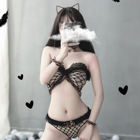 【A-1319】情趣內衣性感網眼透視豹紋三點式制服誘惑分體套裝