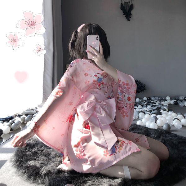 BT1141-情趣內衣女式性感粉色日系印花和服浴袍女套裝