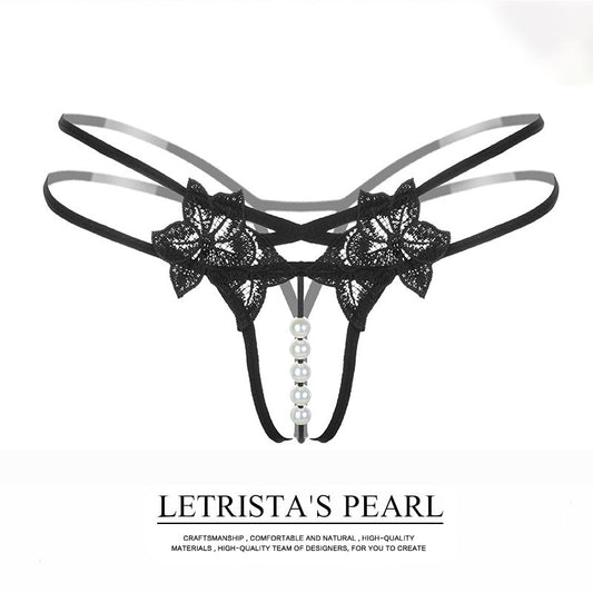 CE3050-珍珠女式內褲按摩透明開襠丁字褲性感刺繡真人T型褲