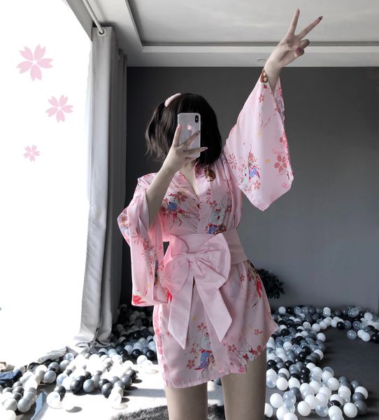 BT1141-情趣內衣女式性感粉色日系印花和服浴袍女套裝