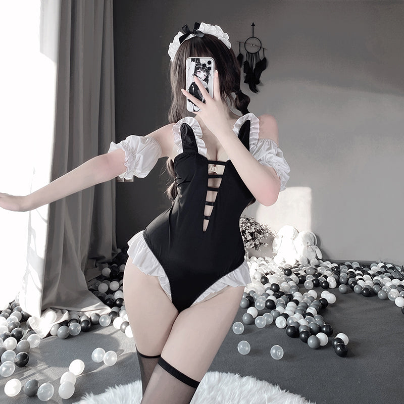BT2522-情趣內衣制服誘惑黑白女僕裝三點式激情透明蕾絲火辣綁帶女傭睡裙