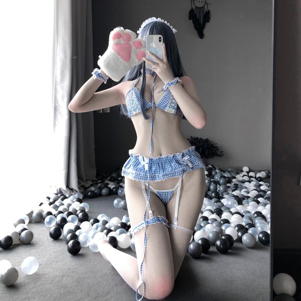BT2398-情趣內衣性感任你擺佈藍格紋三點可愛女僕套裝