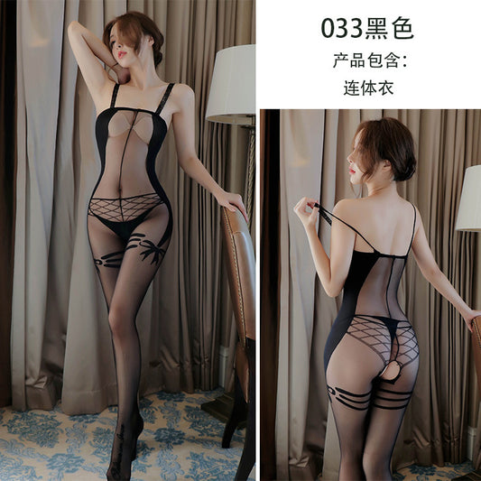 AO033-情趣內衣女透視性感吊帶蝴蝶結提花絲襪連體衣