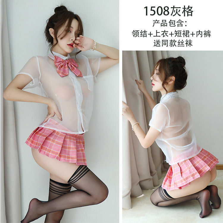 【A-1508】情趣內衣女襯衫性感透視學生蝴蝶結領結百褶裙