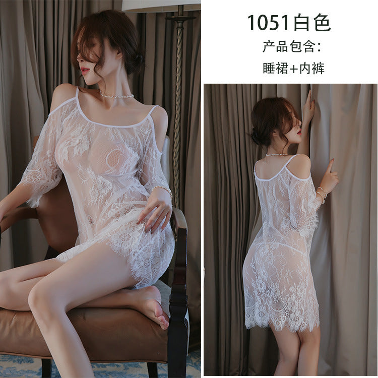【A-1051】情趣內衣女性感吊帶露肩透視網紗睫毛蕾絲睡裙