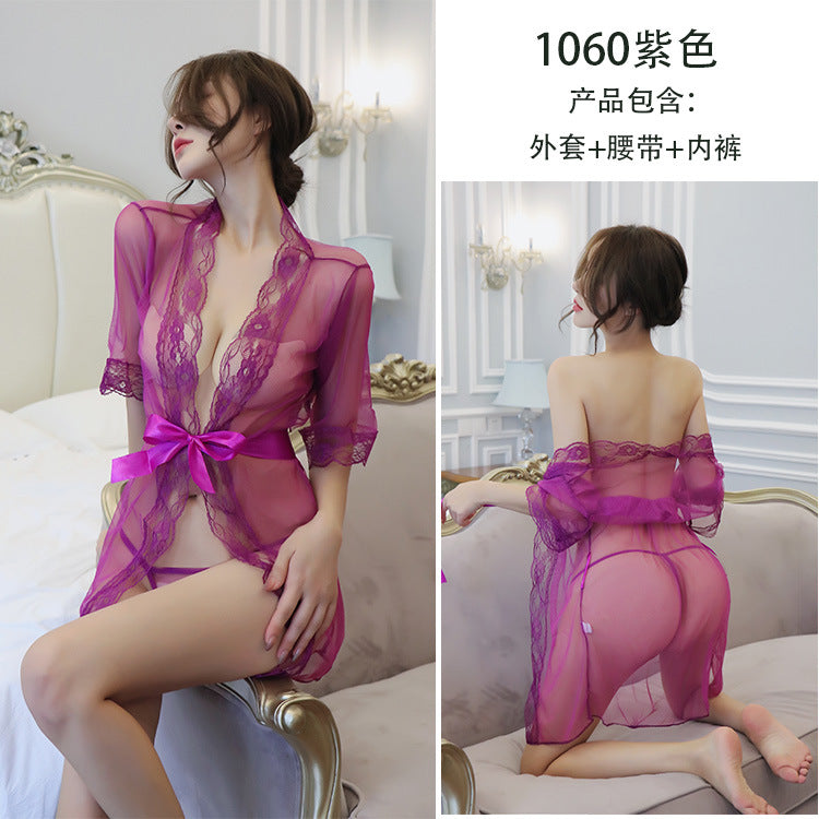【A-1060】情趣內衣女士性感浴袍蕾絲網紗睡衣透明誘惑裝