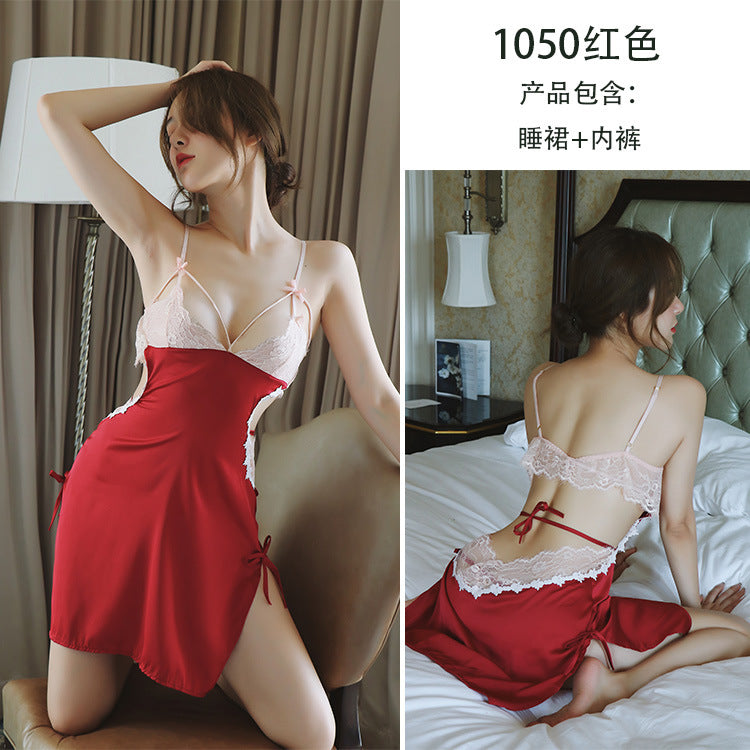 【A-1050】情趣內衣女性感蕾絲透視露乳誘惑露背吊帶睡裙家居服