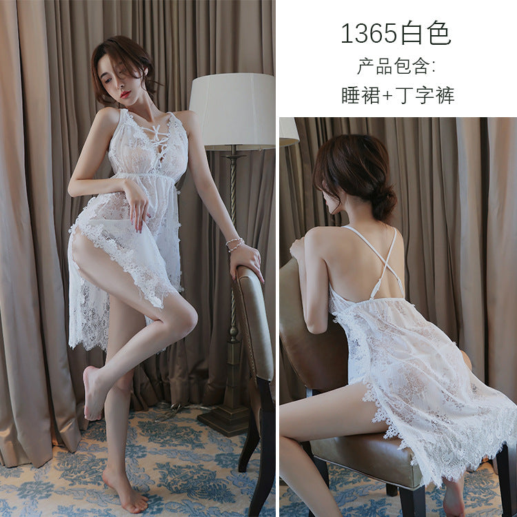 【A-1365】情趣內衣蕾絲誘惑性感內衣側開叉吊帶睡裙女透明