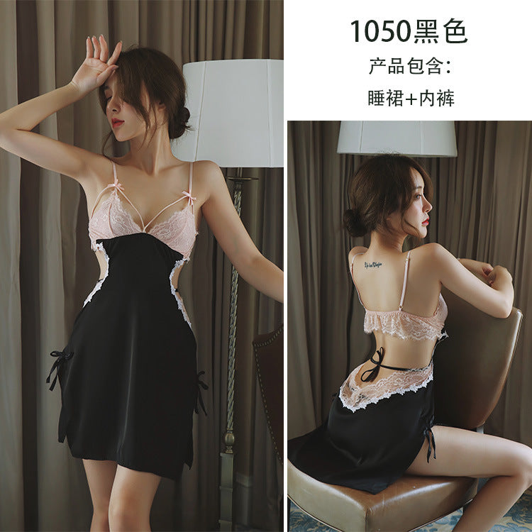 【A-1050】情趣內衣女性感蕾絲透視露乳誘惑露背吊帶睡裙家居服